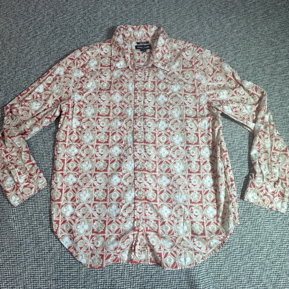 Nautica Jeans Modern Fit Red Tan Geometric Floral Vintage Cotton Shirt Men M Y2K